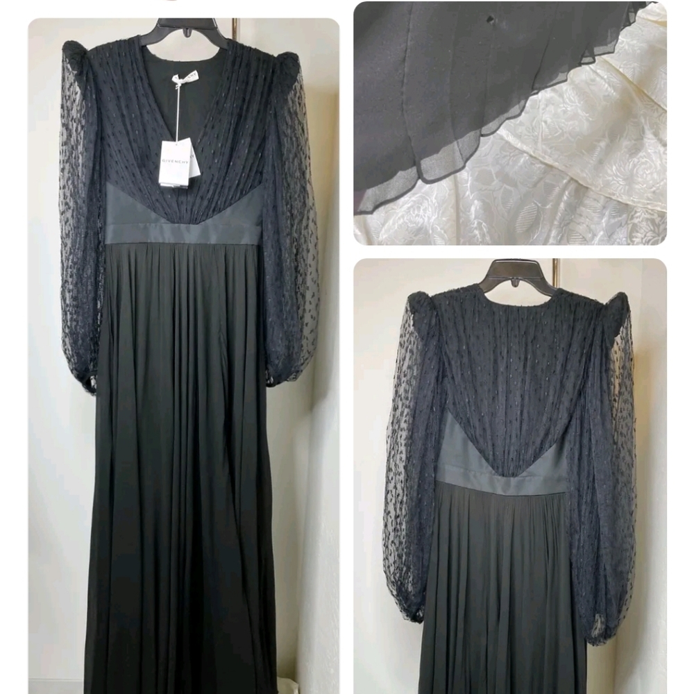 GIVENCHY Black Plumetis Billowy Sheer Long Sleeve Pleated V-Neck Gown 6 US 38 IT - Picture 4 of 5
